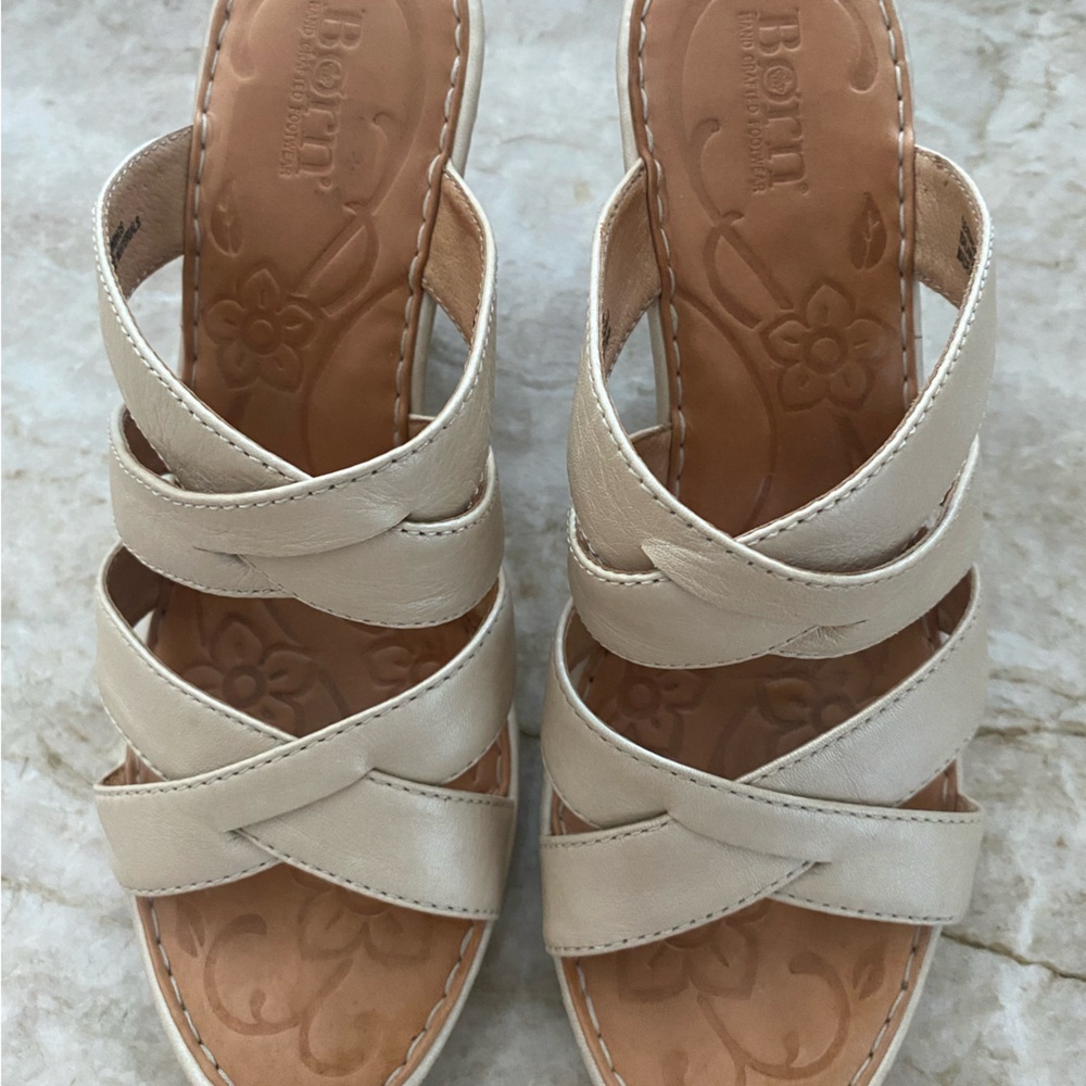 Born Cream Chunky Heel Sandals